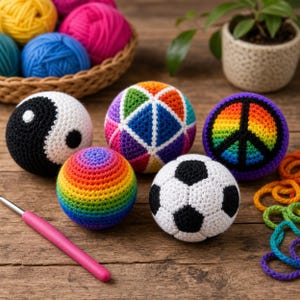 Op de afbeelding: Een verzameling kleurrijke, gehaakte ballen, waaronder een regenboogbol, een voetbal en een yin-yang ontwerp. Een roze haaknaald ligt op het houten oppervlak. Een mand met garen en een potplant staan op de achtergrond.