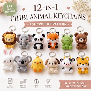 Può includere: Uno schema all'uncinetto in PDF 12-in-1 per portachiavi a forma di animali chibi, che presenta dodici piccole figure di animali lavorate all'uncinetto e imbottite, tra cui un leone, elefante, panda, volpe, rana, orso, coniglio, koala, pulcino, cane, mucca e tigre, ciascuno con un anello portachiavi in metallo.