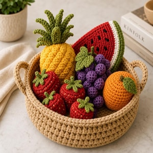 Puede incluir: Una cesta de ganchillo llena de frutas hechas a mano. Contiene una piña amarilla, fresas rojas, uvas moradas, una naranja y una rodaja de sandía. La cesta es de color beige y tiene dos asas.