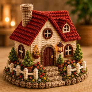 Puede incluir: Una casa de ganchillo hecha a mano con tejado rojo, paredes beige y chimenea. La casa tiene una puerta marrón, ventanas redondas y un pequeño jardín con una valla blanca. Árboles y flores en macetas decoran la casa.