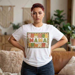 Camiseta MAMA con estampado de patchwork falso - Regalo para el Día de la Madre - Camiseta de manga corta de punto para mujer