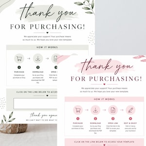 Pode incluir: Um design de modelo digital com as palavras "Obrigado por comprar!" em escrita elegante. O design inclui instruções sobre como usar o modelo, com ícones e texto. O esquema de cores é rosa suave e branco, com detalhes florais.