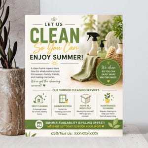 May include: A promotional flyer with the text "CLEAN So You Can ENJOY SUMMER!" and cleaning supplies. The flyer advertises deep cleaning, summer refresh, move-in/move-out, and maintenance cleaning services. The flyer includes a phone number.