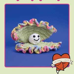 May include: Knit your own Vicky the Magical Oyster crochet pattern. The pattern features a green oyster shell with a colorful trim and a white pearl with a smiling face.
