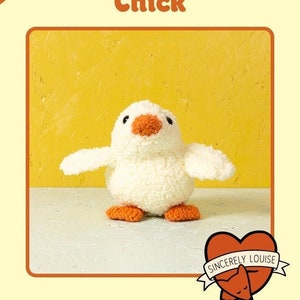 May include: Knit Your Own Chick crochet pattern featuring a white chick with orange beak and feet against a yellow background. The pattern is by Sincerely Louise.
