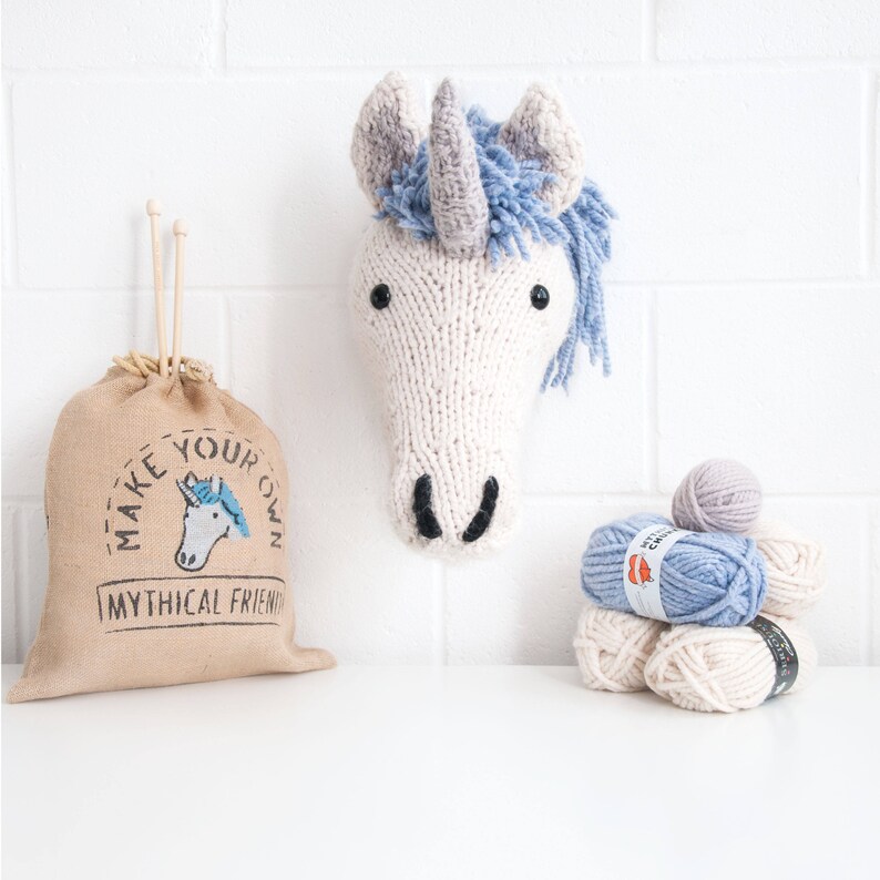 Giant Unicorn Head Knitting Kit Cream Blue