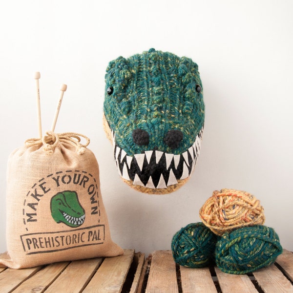 Faux Green T-Rex Knitting Kit - Make Your Own Prehistoric Pal - DIY Taxidermy Trophy Head