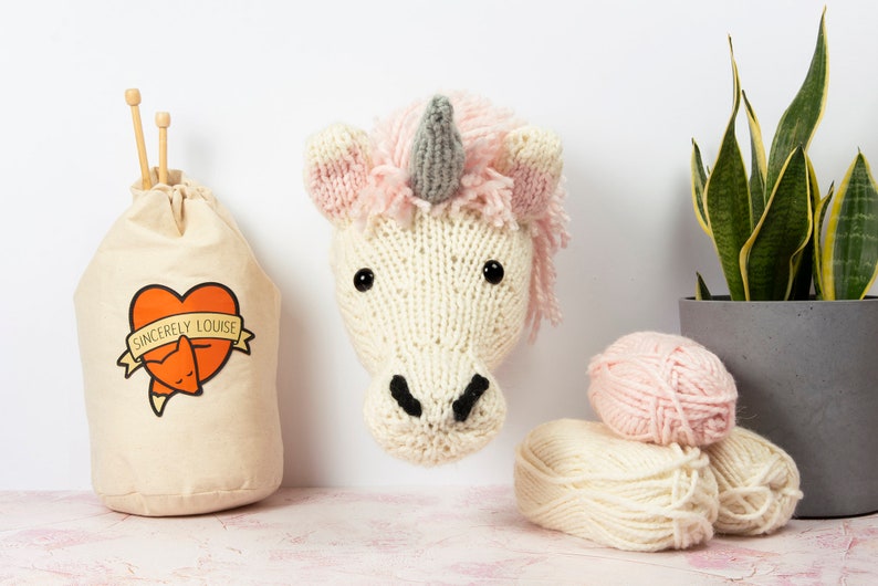 Giant Unicorn Head Knitting Kit Cream Pink