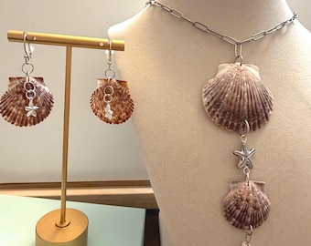 Conjunto de joyas hechas a mano con conchas de vieira marrones – Costa del Golfo de Florida