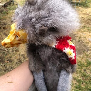 Puede incluir: Una criatura de peluche hecha a mano con pelaje gris, un pico amarillo con estampado floral y una bufanda roja y blanca de ganchillo. La criatura tiene patas de fieltro gris y la sostiene una persona.