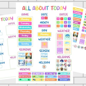 Op de afbeelding: Kleurrijke educatieve prints met de tekst "ALL ABOUT TODAY". Bevat secties voor dagen, data, weer, seizoenen en feestdagen. Beschikt over levendige kleuren en een speels ontwerp.