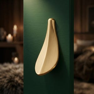 May include: A gold-colored, leaf-shaped cabinet pull mounted on a dark green wooden door. The pull has a smooth, curved design and a polished finish. The background is blurred, suggesting a cozy interior setting.