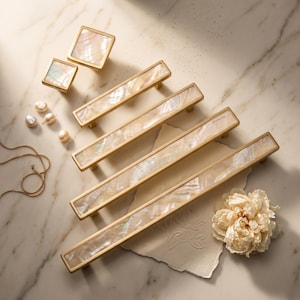 Uchwyty do szafek z litego mosiądzu w kolorze naturalnej muszli | Unikatowe swetry do szuflad | Gałki do komód | Okucia meblowe z masy perłowej | Unikatowe gałki do szafek