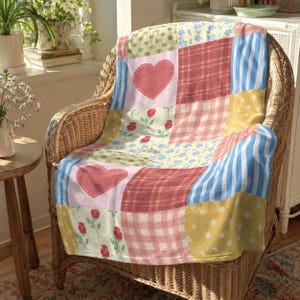 May include: A patchwork throw blanket draped over a wicker chair. The blanket features squares of various patterns, including hearts, floral prints, and plaid, in shades of pink, red, yellow, and blue. The chair is made of woven wicker.