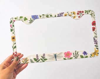 Wildflower Dragonfly License Plate Frame, Floral Nature Plate Cover, Botanical Car Accessories, Aluminum Back