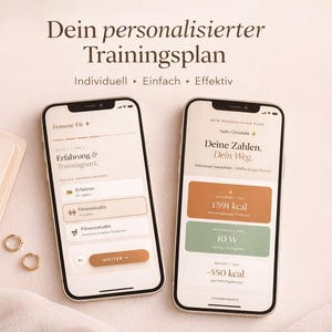 May include: Two smartphones displaying a fitness app interface with the text "Dein personalisierter Trainingsplan." The screens show workout data and options. A notebook, rings, and pen are also visible, suggesting a focus on health and wellness.