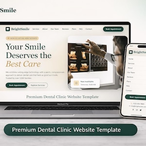May include: A laptop and smartphone display a dental clinic website template. The laptop screen shows the text "Your Smile Deserves the Best Care." The smartphone displays a menu. A small succulent plant sits nearby.