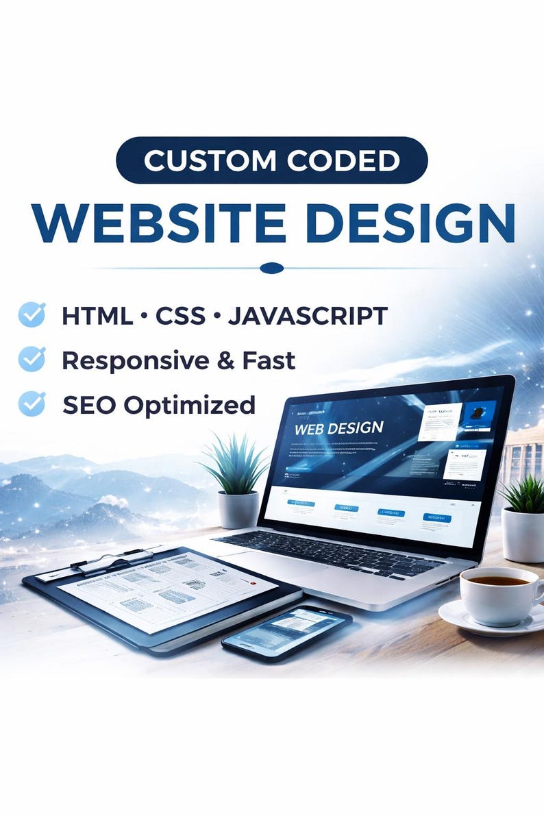 Puede incluir: Imagen que promociona servicios de dise&ntilde;o web. El texto dice "Dise&ntilde;o de sitio web con c&oacute;digo personalizado" con detalles: HTML, CSS, JavaScript, Responsivo y r&aacute;pido, y Optimizado para SEO. Una computadora port&aacute;til, una tableta, un tel&eacute;fono inteligente y una taza de caf&eacute; est&aacute;n sobre un escritorio de madera.