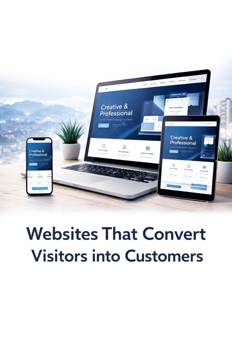 Puede incluir: Un port&aacute;til, una tableta y un smartphone muestran un dise&ntilde;o de sitio web con el texto "Creative & Professional". La imagen tambi&eacute;n incluye el texto "Websites That Convert Visitors into Customers."
