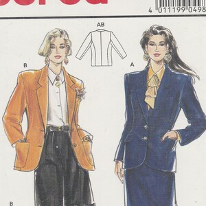 May include: A Burda sewing pattern package featuring illustrations of women's suits and blazers. The package includes a drawing of a tan blazer with black shorts and a navy blue suit with a skirt. The package has the number 4987.