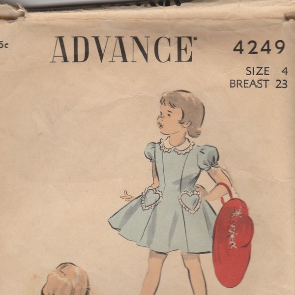 1940s Girls Dress Pattern Advance 4249 Size 4 Breast 23