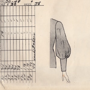 Könnte beinhalten: Eine Schwarzweiß-Zeichnung eines Frauenärmels mit einer großen Puffärme an der Ellenbogen. Die Zeichnung befindet sich auf einem weißen Papier mit einem Raster und Text, der "SIZE 30-48", "STYLE # 30" und "PRICE .75" lautet.