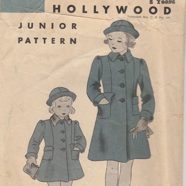 Beautiful 1930s Girls Coat & Hat Pattern Hollywood 981 Size 8