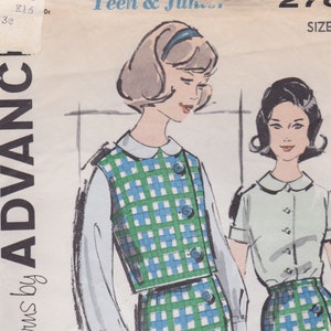 May include: Vintage sewing pattern for a Teen & Junior size 16 outfit. The illustration shows a two-piece ensemble with a blue and green plaid skirt and vest, paired with a white blouse. The pattern is labeled "Sew-Easy patterns by ADVANCE".