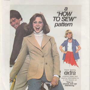 May include: A vintage sewing pattern featuring a woman wearing a tan blazer and a white turtleneck. The pattern is titled "How to Sew" and includes instructions on how to choose and use interfacing.