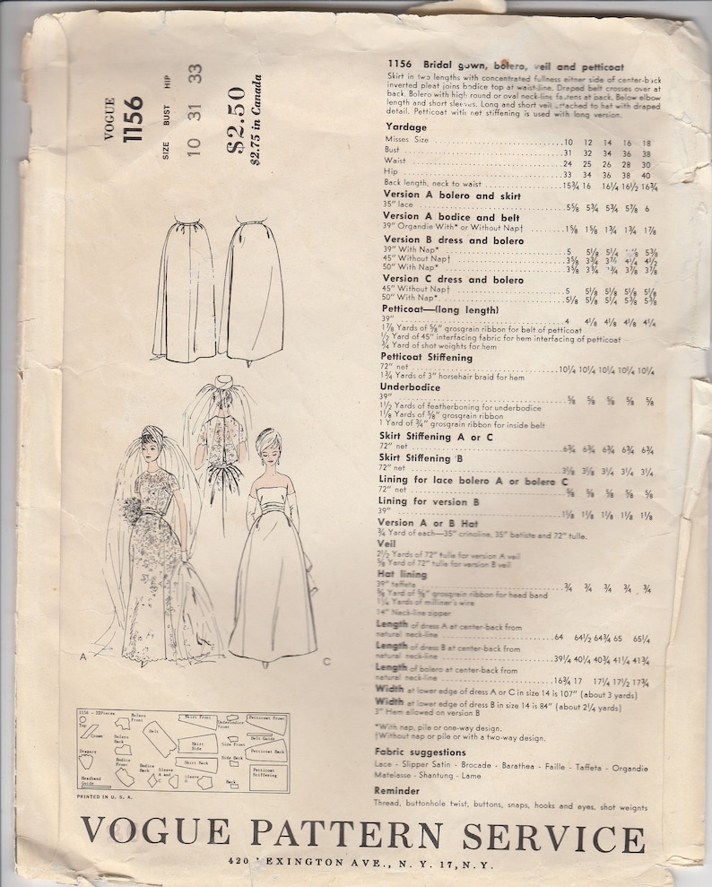 60s Designer Wedding Gown Veil Bolero /& Petticoat Pattern Vogue 1156 Size 10