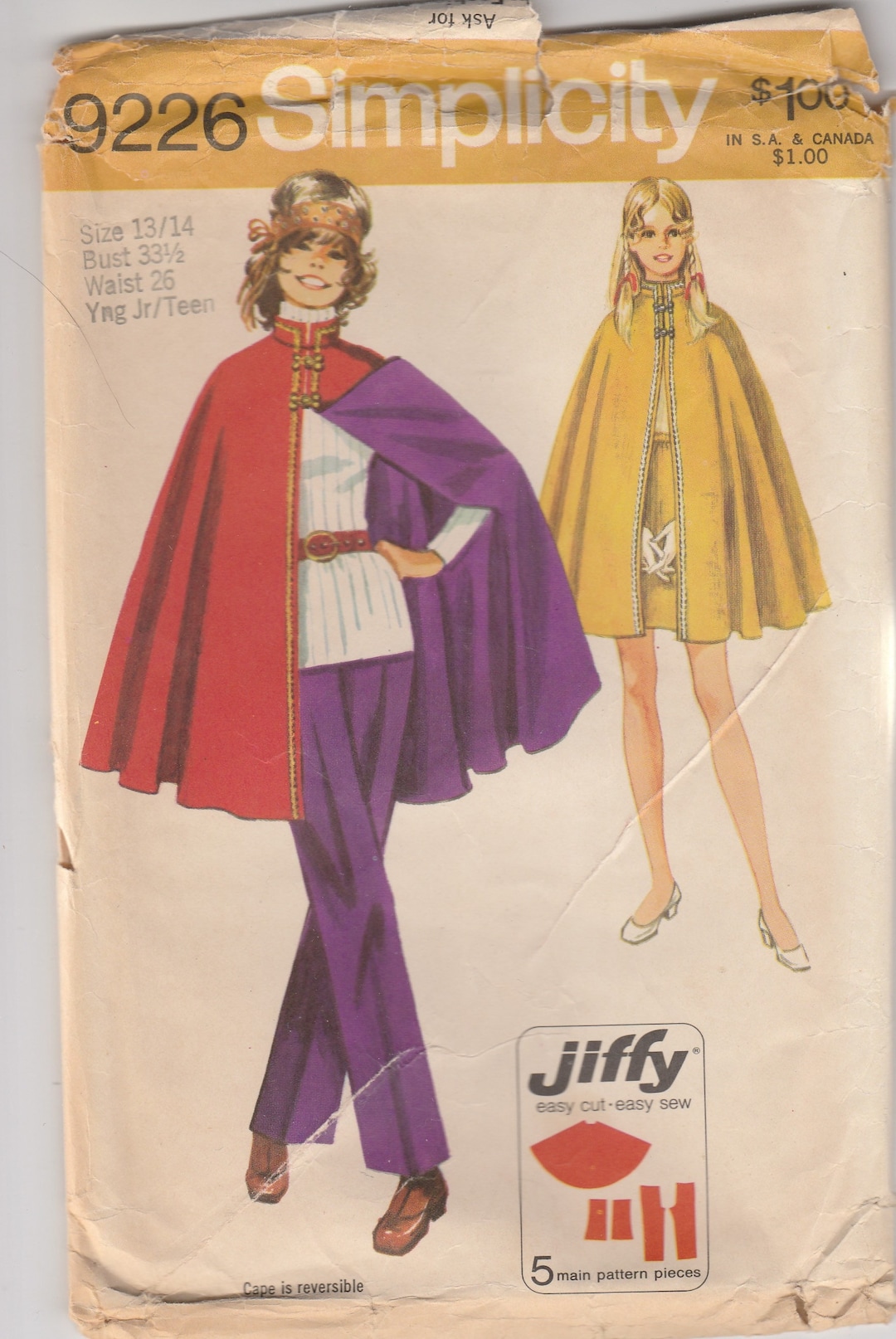 1970 Cape Cloak Pattern Simplicity 9226 Size 13/14 Bust 33 1/2 - Etsy