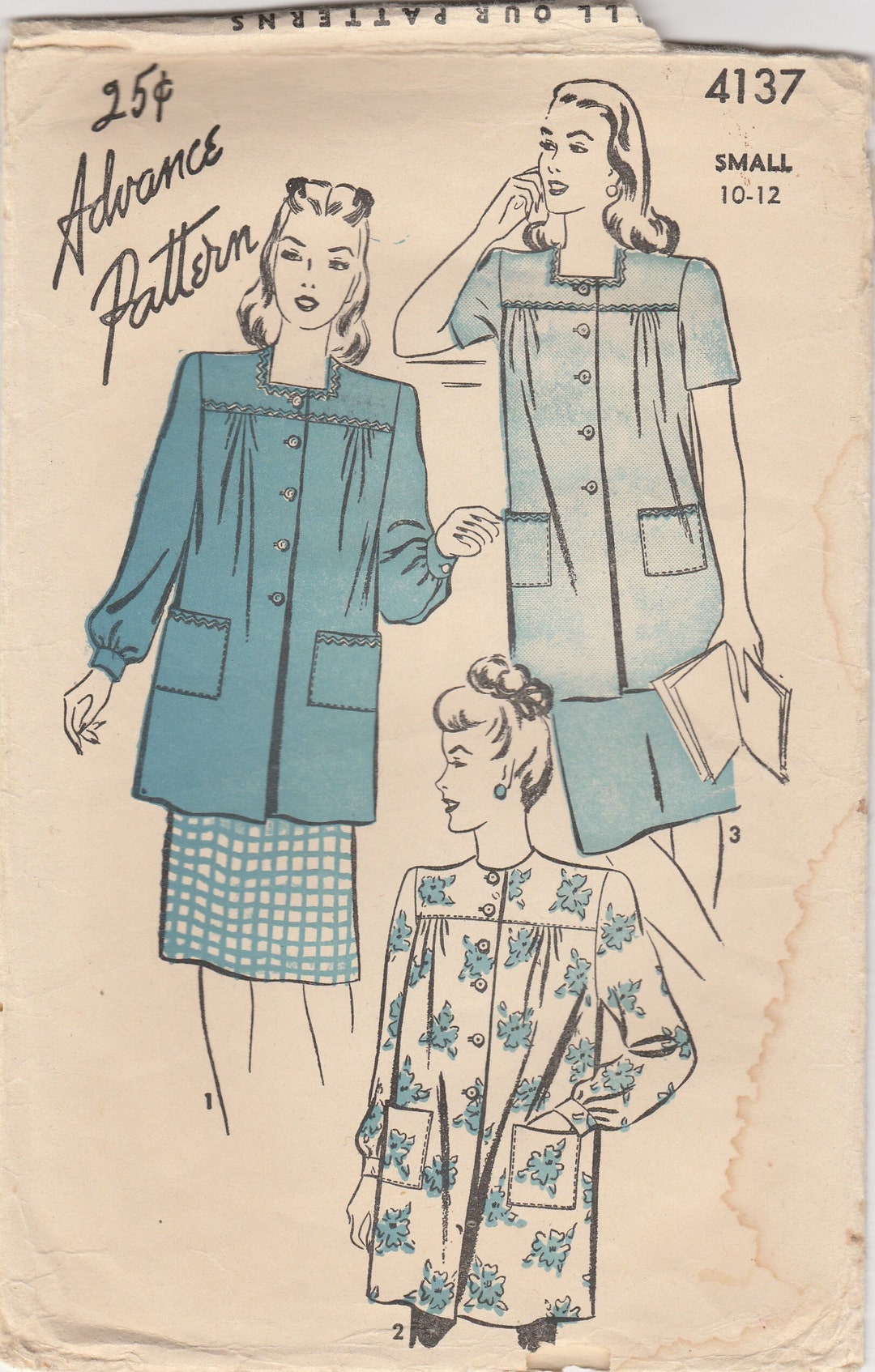1940s Smock Pattern Advance 4137 Size Small 10/12 Bust 28-30 - Etsy