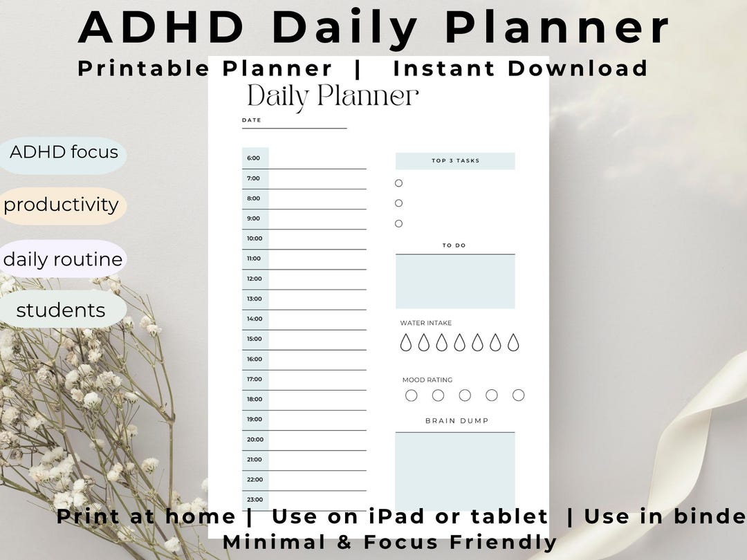 ADHD Daily Planner Printable Blue Minimalist Planner Instant Download ...
