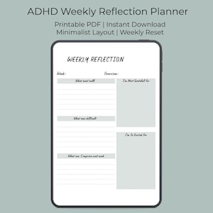 ADHD Weekly Reflection Planner Printable, ADHD Weekly Review Worksheet, Neurodivergent Planner Page, Mental Health Planner
