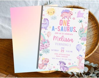 Cute Pink Dinosaur First Birthday Invitation, One A Saurus Girl Party Invite, Printable Baby Dino Birthday Template
