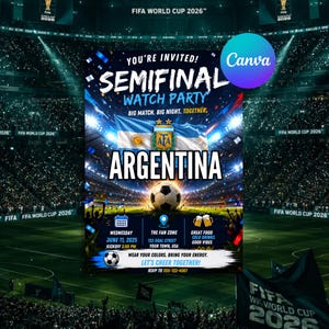 Może przedstawiać: Cyfrowa ulotka na imprezę z okazji półfinału Mistrzostw Świata FIFA 2026 z flagą Argentyny, piłką nożną oraz szczegółami wydarzenia, w tym datą 11 czerwca 2025 roku i numerem telefonu 555-123-4567 do potwierdzenia obecności.