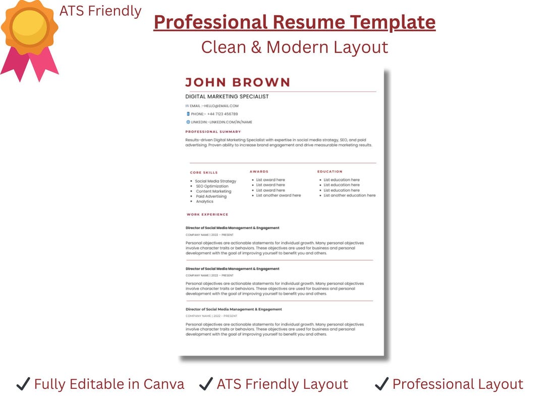 ATS Friendly Resume Template Canva | Editable CV | Professional Resume ...