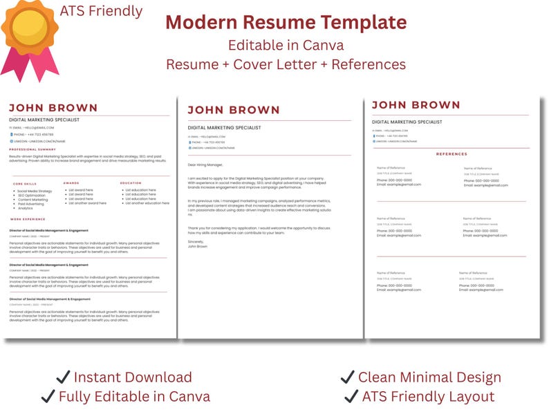 ATS Friendly Resume Template Canva | Editable CV | Professional Resume ...