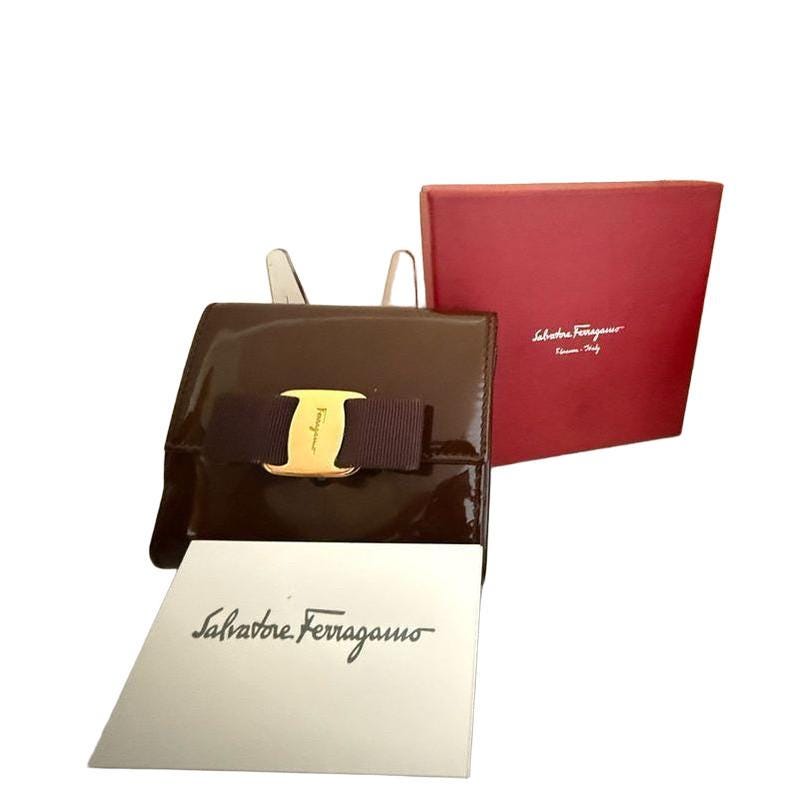 Salvatore Ferragamo Burgundy Patent Leather Bars Bow Wallet