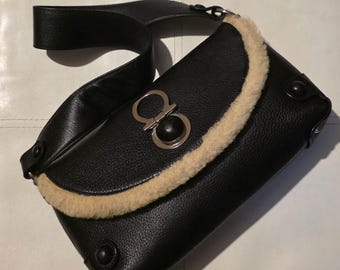 Salvatore Ferragamo Gancini Black Leather Bag with Shearling Trim