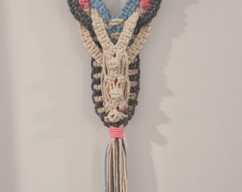 Custom Macramé Wall Hanging 12x26 • Handmade Natural Cotton • Brown Blue Pink Accents • Boho Wall Decor • Unique Fiber Art