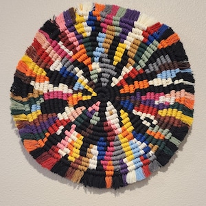 Vibrant Macrame Spiral — 12" Black Fiber Art • Colorful Boho Accent for Small Spaces
