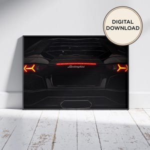 Lamborghini väggkonst, mörk superbilaffisch, röda LED-bakljustryck, lyxig bildekor, man cave-konst (digital nedladdning)