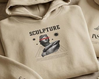 Felpa con cappuccio a righe rosse e stampa scultura classica / Streetwear artistico minimalista