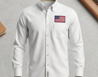 Camicia a maniche lunghe con ricamo della bandiera americana sul petto / Camicia da lavoro con bottoni