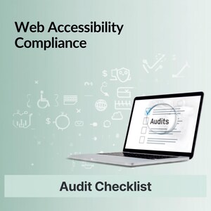 May include: A laptop displaying a digital checklist with the word Audits highlighted by a magnifying glass. The screen shows a list of items, and the background features light green gradients with various faint icons related to web accessibility.