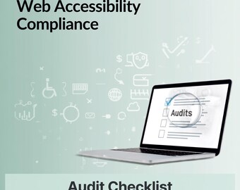 May include: A laptop displaying a digital checklist with the word Audits highlighted by a magnifying glass. The screen shows a list of items, and the background features light green gradients with various faint icons related to web accessibility.