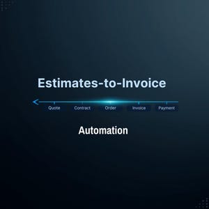 Puede incluir: Un gráfico azul oscuro que presenta el texto Estimates-to-Invoice en la parte superior y Automation en la parte inferior. Una línea horizontal en el centro muestra un flujo de proceso con las etiquetas Quote, Contract, Order, Invoice y Payment.