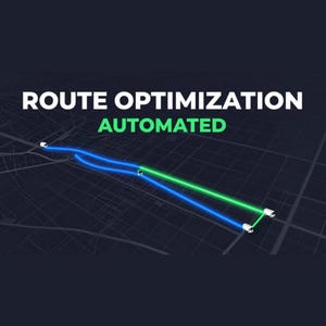 May include: A digital graphic on a dark background featuring the text ROUTE OPTIMISATION AUTOMATED. Small white truck icons are connected by glowing blue and green lines that trace paths across a stylised, dark-toned city street map grid.