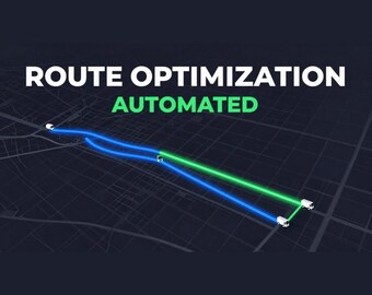 May include: A digital graphic on a dark background featuring the text ROUTE OPTIMIZATION AUTOMATED. Small white truck icons are connected by glowing blue and green lines that trace paths across a stylized, dark-toned city street map grid.